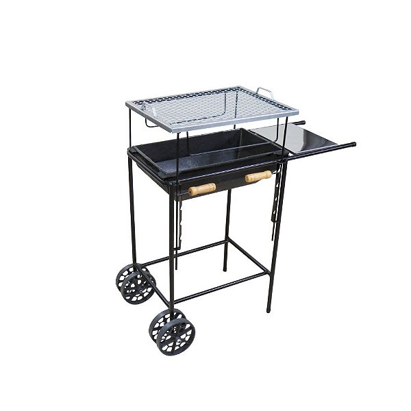 Churrasqueira Mineira Bojo Fundo com Carrinho, Grelha e Tabuleiro em Aço Inox