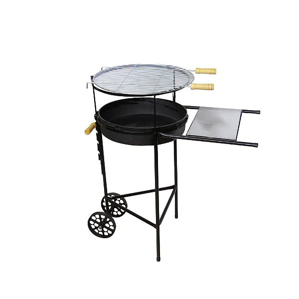 Churrasqueira Redonda com Carrinho, Grelha e Tabuleiro em Aço Inox