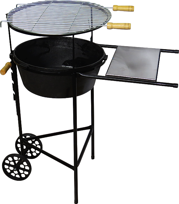 Churrasqueira Redonda Bojo Fundo com Carrinho, Grelha e Tabuleiro em Aço Inox