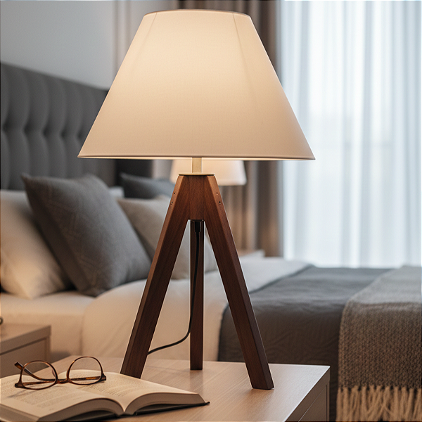 Abajur de Quarto com Tripé De Madeira e Cúpula Branca - Licht Haus