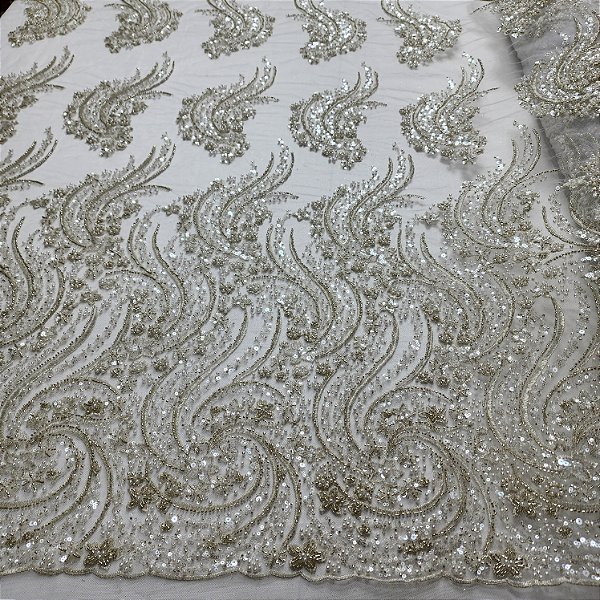 Tule Bordado 15610 Branco c/ Prata