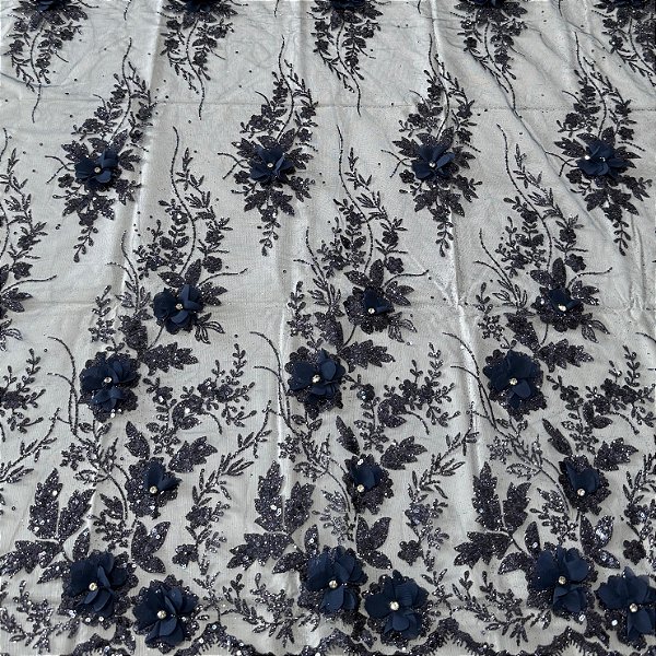 Tule Florata Azul Marinho