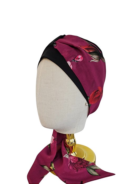 Turbante Aatma Preto UV 50+ com Lenço Vinho Floral
