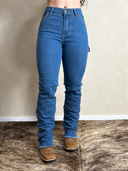 Calça Feminina Jeans Carpinteira Cós Alto Elastano Os Boiadeiros