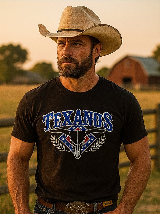 Camiseta Country Preta Texana Vaqueiro Manga Curta Rodeio