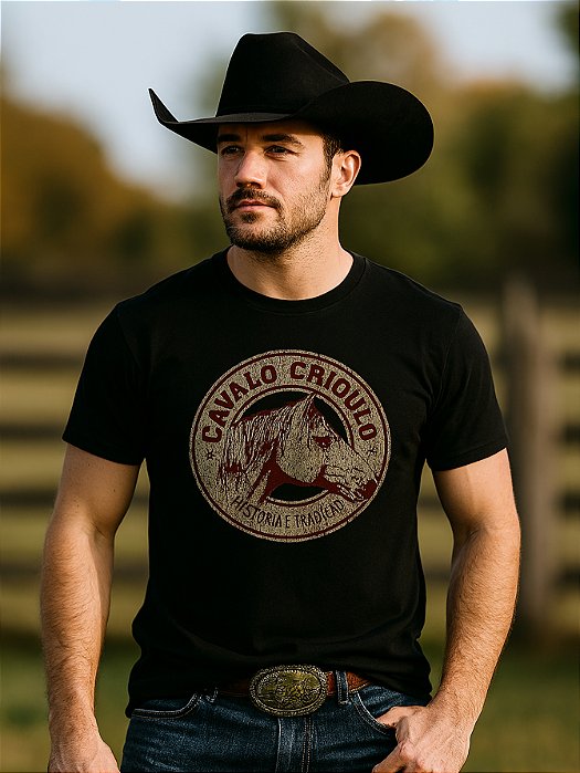 Camiseta Country Preta Texana Vaqueiro Manga Curta Rodeio