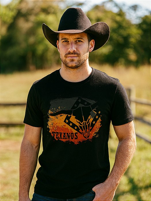 Camiseta Country Preta Texanos Cowboy Manga Curta Agro