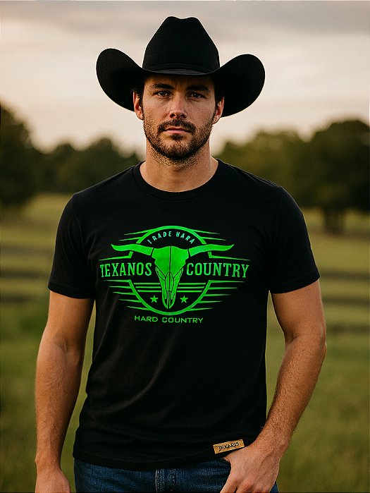 Camiseta Country Preta Texanos Cowboy Manga Curta Algodao