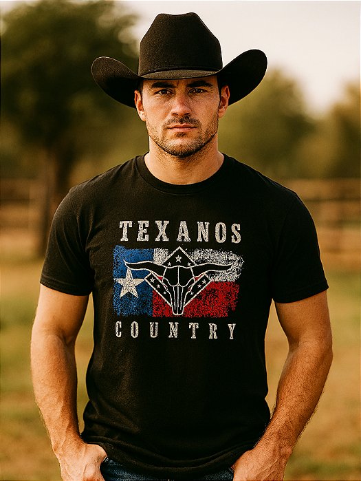Camiseta Country Preta Texanos Cowboy Manga Curta Comitiva