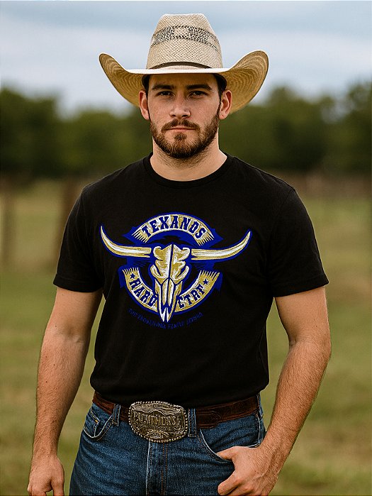 Camiseta Country Preta Texanos Cowboy Manga Curta Vaquejada