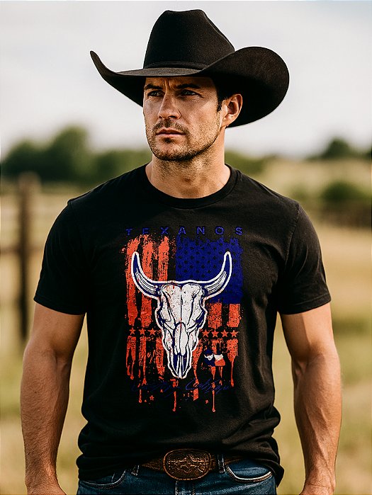 Camiseta Country Preta Texanos Cowboy Manga Curta Rodeio
