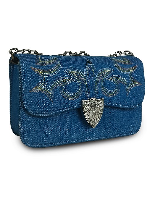 Bolsa Feminina Jeans Pequena Ombro Country Bordada Rodeio