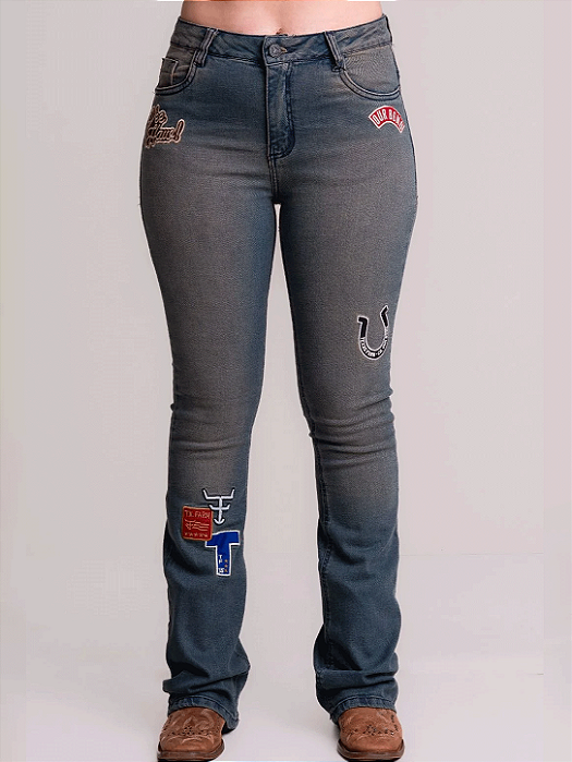 Calça Jeans Feminina Reta Heritage Flaer Bordada Texas Farm