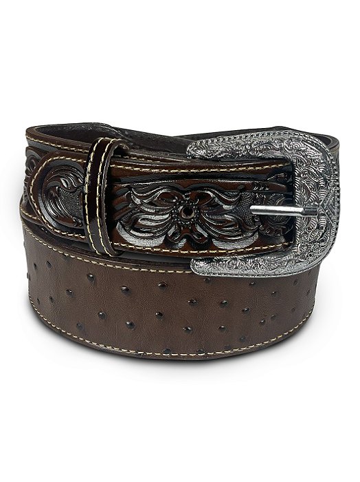 Cinto Country Texano Cowboy Preto Marrom Couro De Avestruz