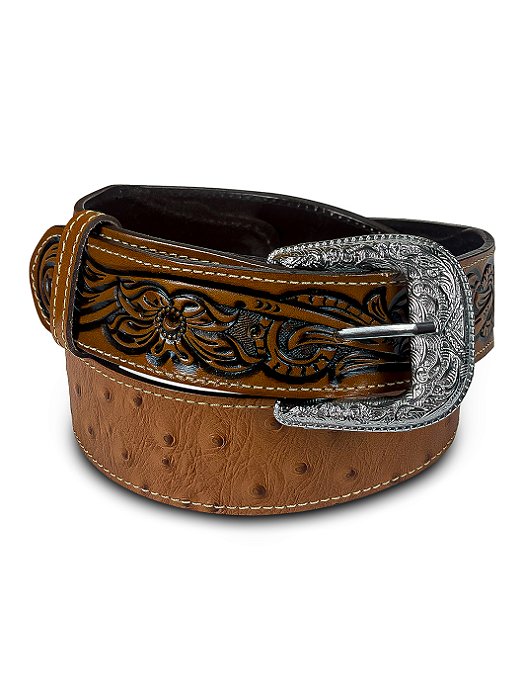 Cinto Country Rodeio Cowboy Texano Marrom Couro De Avestruz