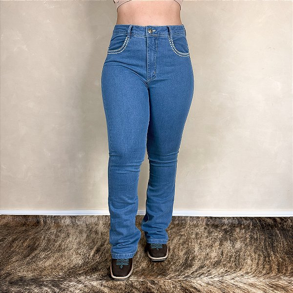 Calça Jeans Flare Feminina Country Bordada Rodeio Cós Alto