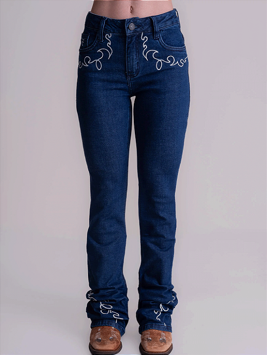 Calça Jeans Country Feminina Bordada Flare Barra Larga Agro