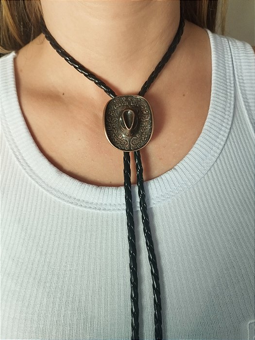 Gravata Country Colar Feminino Ajustável Couro Chapéu