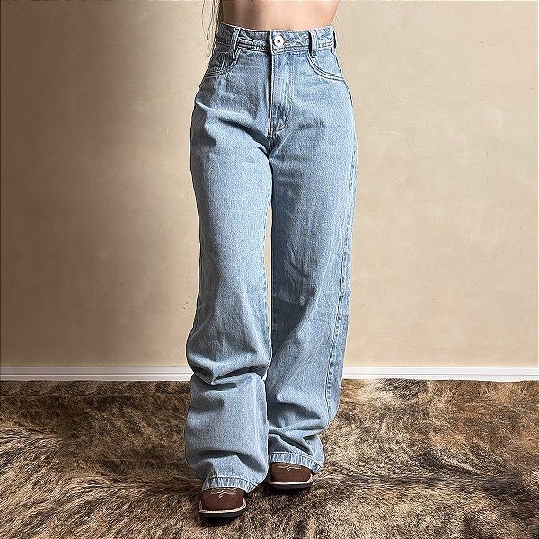 Calça Jeans Feminina Wide Leg Perna Barra Larga Cold Lisa