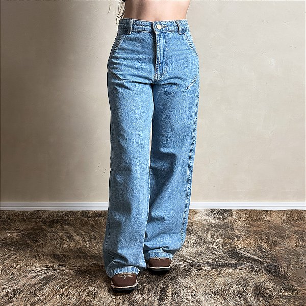 Calça Jeans Feminina Wide Leg Luna Larga Lisa Cintura Alta