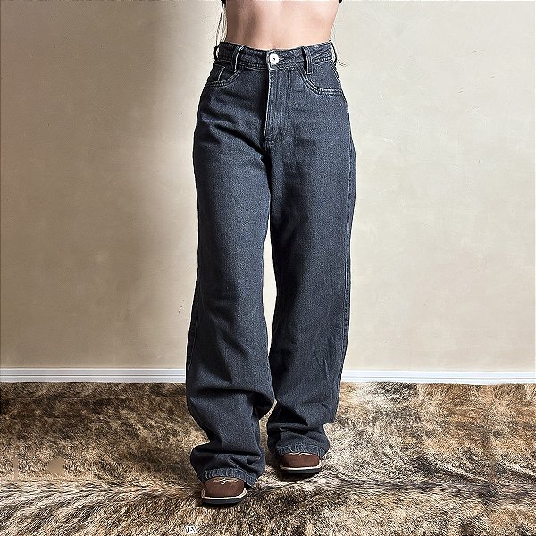 Calça Jeans Feminina Escura Cargo Moon Cintura Alta Larga