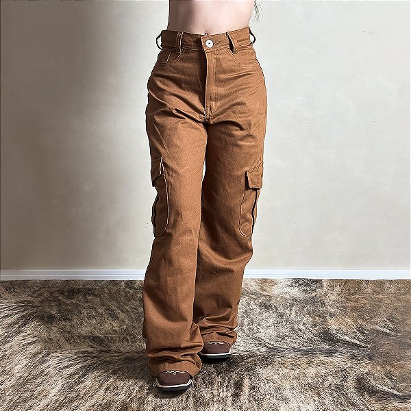 Calça Jeans Feminina Cargo Terracota Larga Estilosa Premium