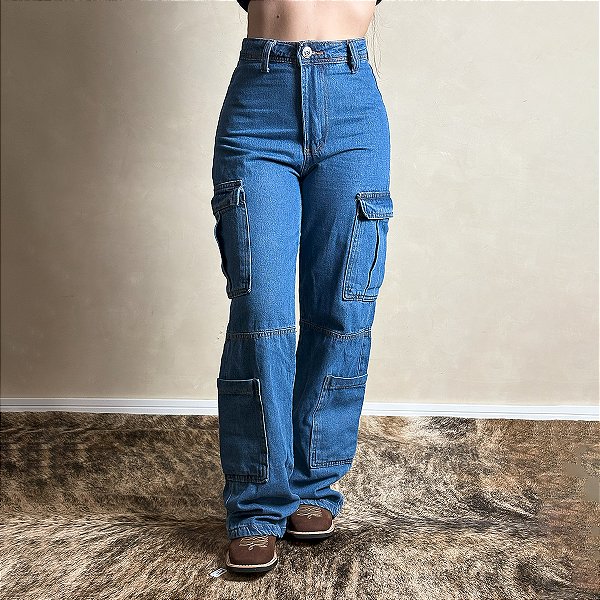Calça Jeans Feminina Wide Leg Cargo Vibe Bolsos Laterais