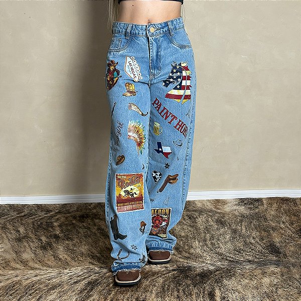 Calça Jeans Country Feminina Wide Leg Estampada Cargo Paint