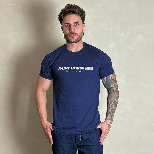 Camiseta Masculina Country Azul Bandeira EUA Paint Horse
