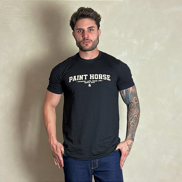 Camiseta Masculina Country Preta Estampa Algodão Paint Horse