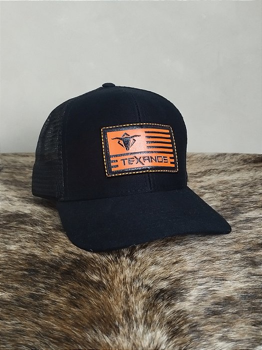 Boné Country Redinha Aba Curva Texanos Trucker Preto Laranja