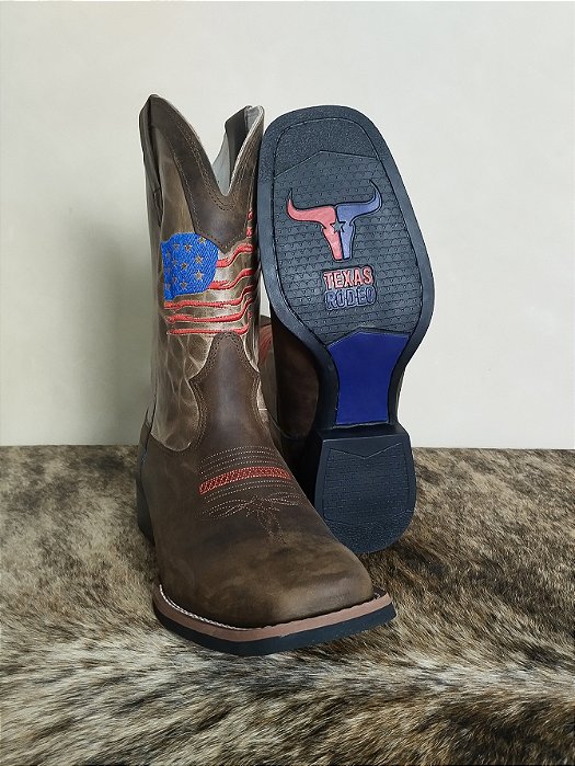Bota Texana Masculina Texas Rodeo Couro Legítimo Marrom EUA