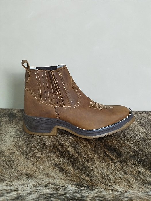 Botina Country Couro Legítimo Solado Jump Cano Curto Bege