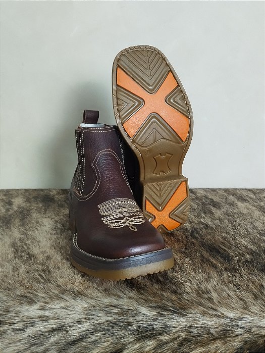 Botina Masculina Couro Bico Quadrado Solado Jump Marrom
