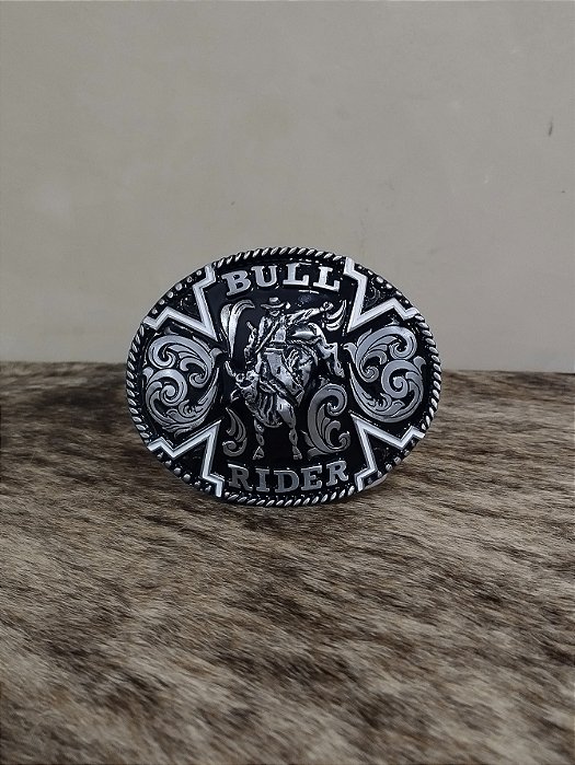 Fivela Bull Rider Preta e Prata Oval Master Country Western