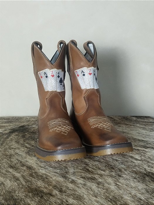 Bota Texana Masculina Couro Cano Alto Solado Jump Baralho