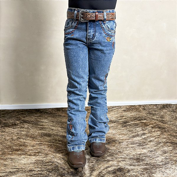 Calça Jeans Infantil Texas Farm Menina Bordada Flare Pena