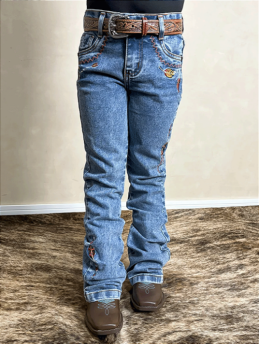 Calça Jeans Infantil Texas Farm Menina Bordada Flare Pena