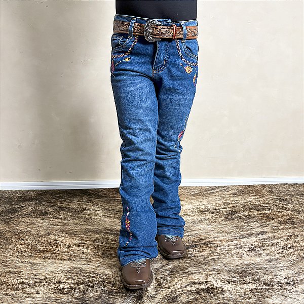 Calça Jeans Menina Infantil Bordada Flare Rodeio Texas Farm