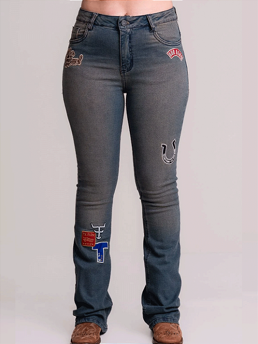 Calça Jeans Feminina Country Flare Bordada Rodeio Texas Farm