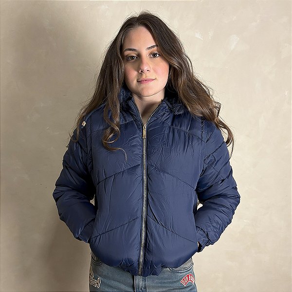 Jaqueta Feminina Puffer Estilosa Manga Capuz Removível Azul