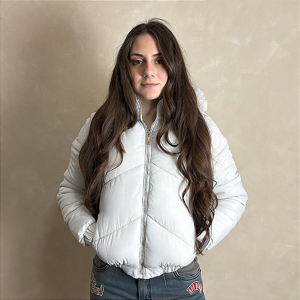 Jaqueta Feminina Puffer Estilosa Manga Removível Top Branco