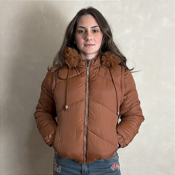 Jaqueta Feminina Puffer Estilosa Manga Removível Top Marrom