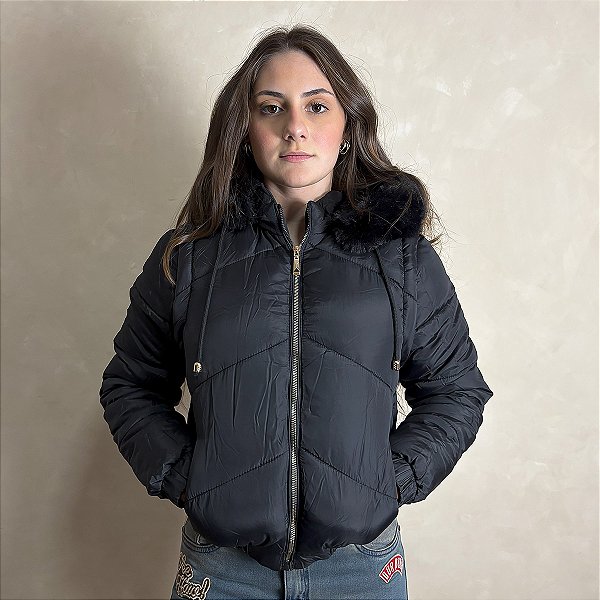 Jaqueta Feminina Puffer Nylon Manga Removível Bomber Preto