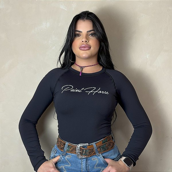 Camisa Country Proteção UV Feminina Farm Manga Longa Preta