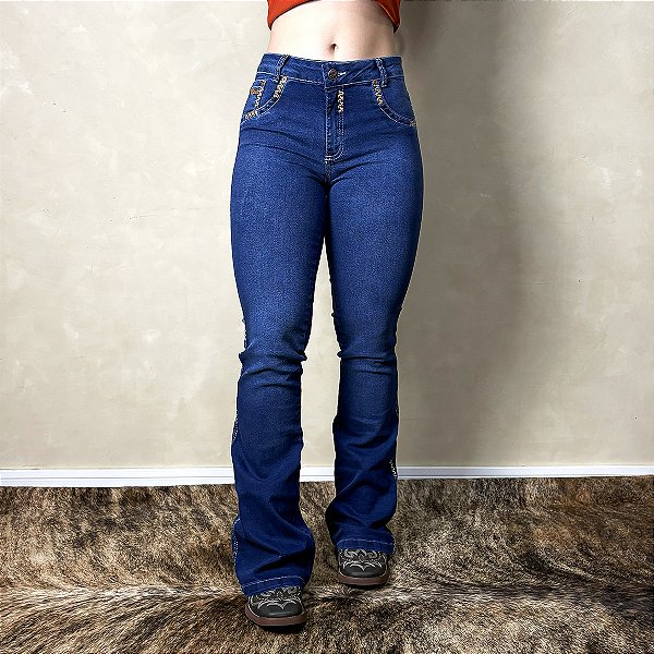 Calça Jeans Feminina Flare West Country Escura Bordada Agro