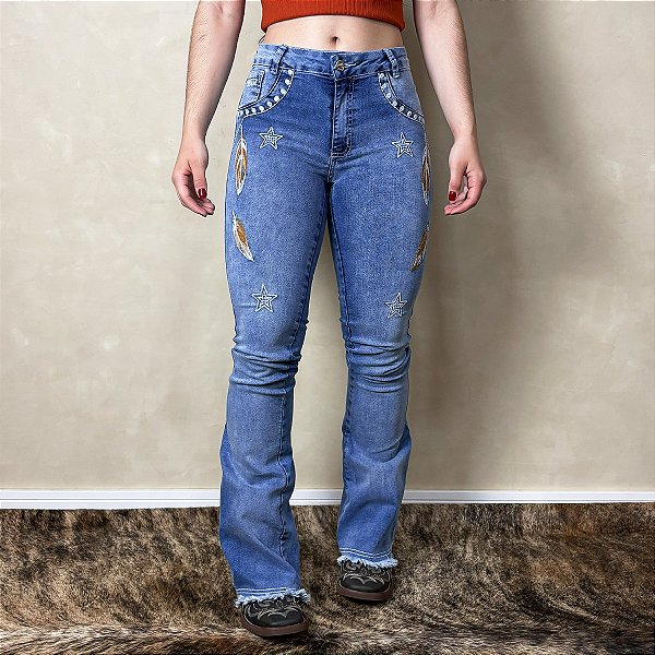 Calça Jeans Feminina Flare West Country Bordada Clara Farm