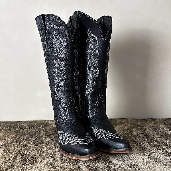 Bota Country Montaria Feminina Couro Cano Longo Zíper Texana