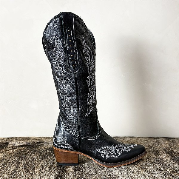 Bota Country Montaria Feminina Couro Cano Longo Zíper Texana