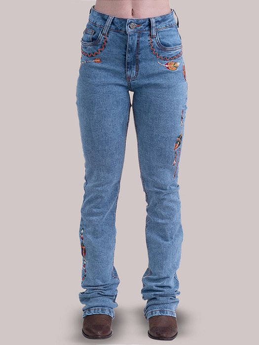 Calça Jeans Feminina Country Bordada Flare Texas Farm Clara